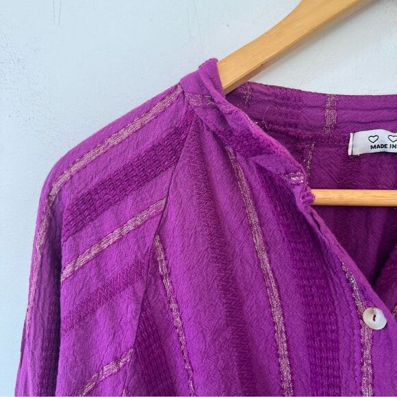 Made in Italy Vibrant Purple Textured Sparkly Peasant Boho Button Down Blouse - Picture 4 of 7